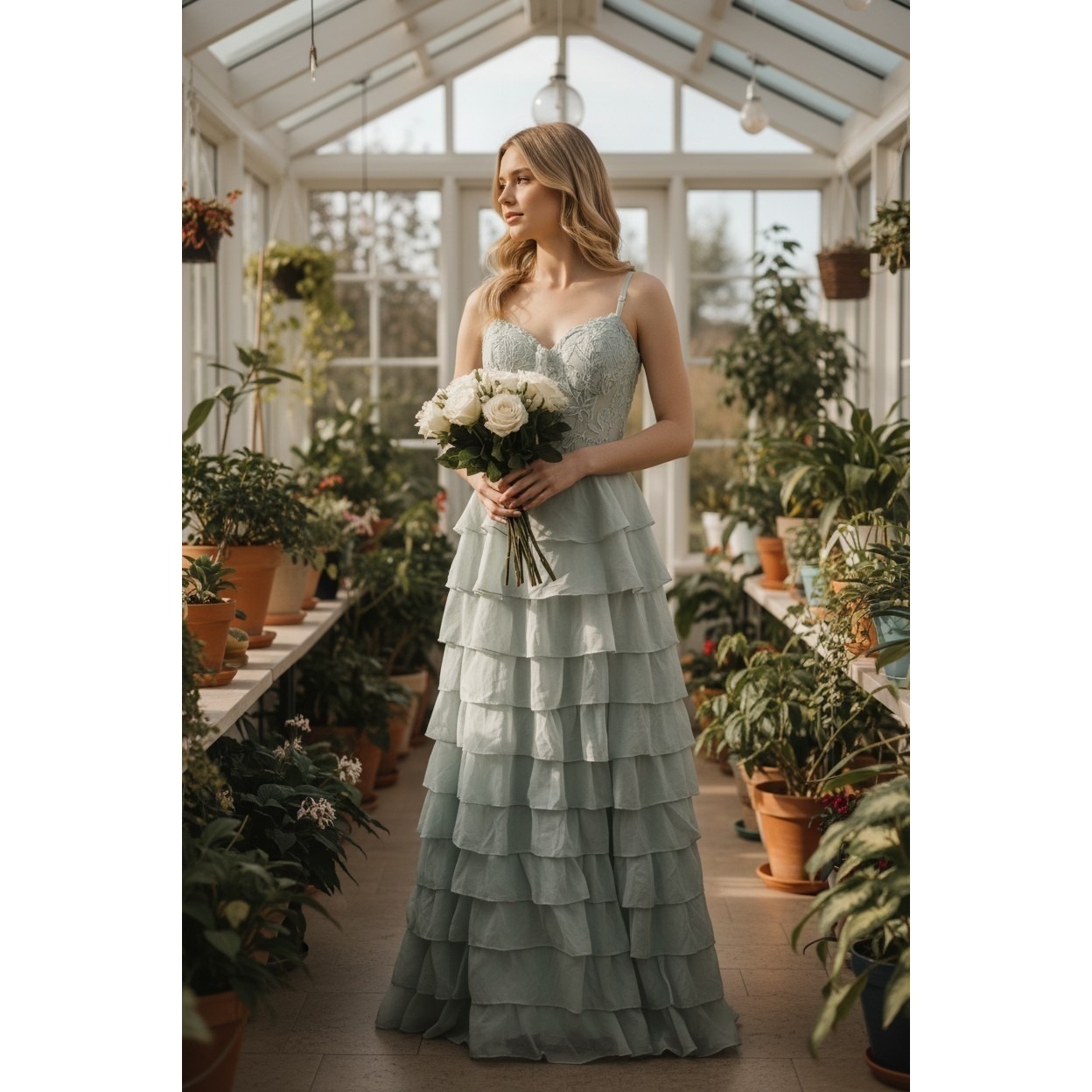 Sage Green Maxi Dress 8 Sheer Lace Bodice Sweetheart Corset Tiered Ruffles Nwt